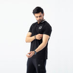 Men’s Signature Embroidered Contrast Neck Henley T-Shirt – Black