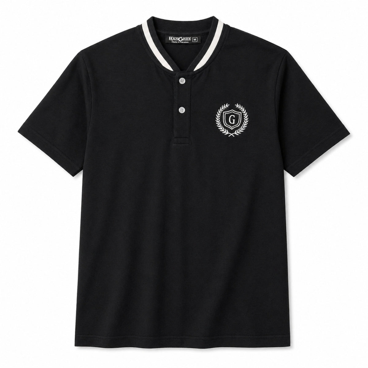 Men’s Signature Embroidered Contrast Neck Henley T-Shirt – Black