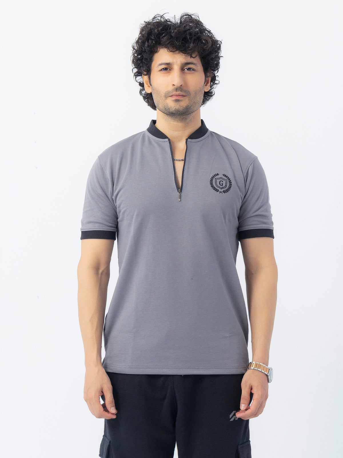 Men’s Crew Neck Half-Zip T-Shirt - Medium Gray