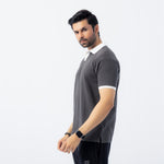 Men’s Classic Thermal Knit Contrast Collar Polo Shirt – Charcoal Gray